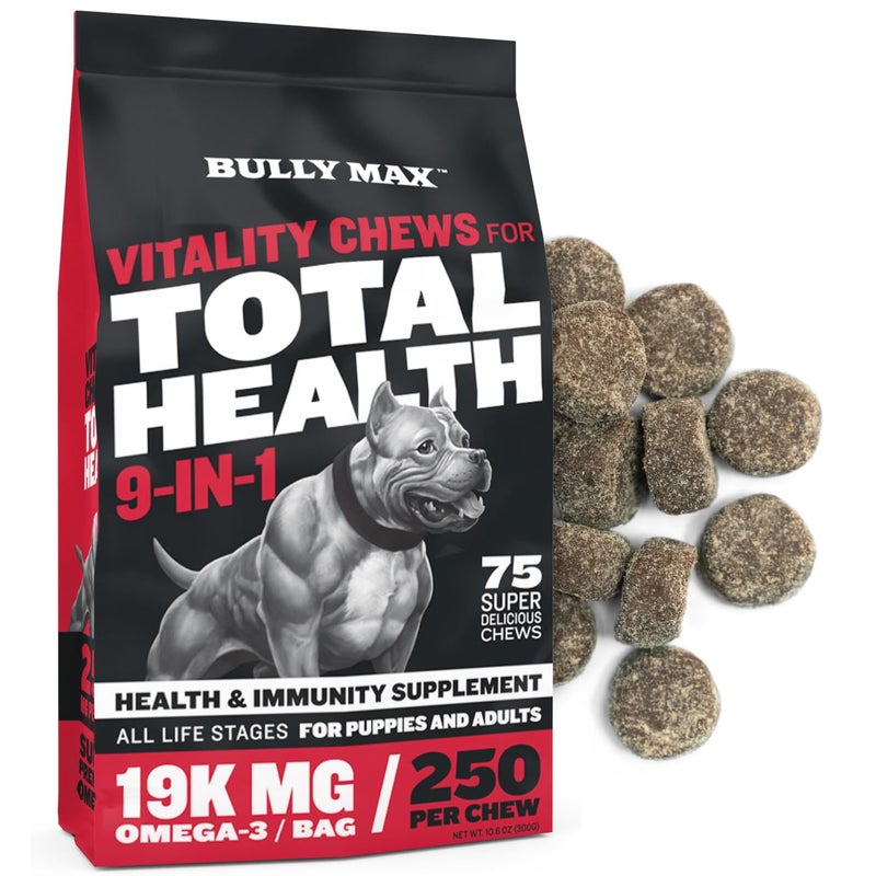 Bully Max 9-in-1 Total Health Dog Chews - Puppy & Adult Dog Multivitamin Treats - Omega 3 Vitamin Supplements for Immunity, Brain, Heart, Joint & Digestive Health for All Breeds - 75 Soft Chews/Bag - Image 1