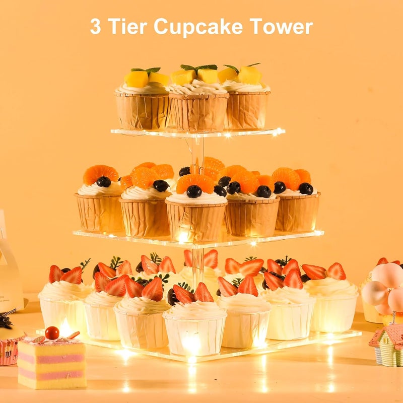 HENABLE 3 Tier Cupcake Stand Cupcake Holder, Acrylic Cupcake Tower with LED Yellow Light for 24 Cupcakes, Dessert Table Display Set for Birthday, Bar, Decor Weddings, Parties Events - Image 2
