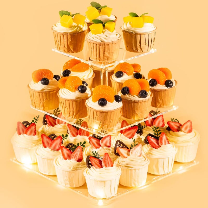 HENABLE 3 Tier Cupcake Stand Cupcake Holder, Acrylic Cupcake Tower with LED Yellow Light for 24 Cupcakes, Dessert Table Display Set for Birthday, Bar, Decor Weddings, Parties Events - Image 1