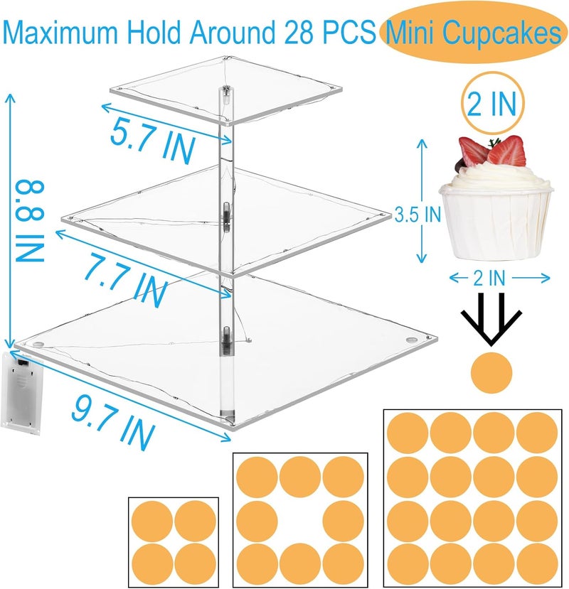 HENABLE 3 Tier Cupcake Stand Cupcake Holder, Acrylic Cupcake Tower with LED Yellow Light for 24 Cupcakes, Dessert Table Display Set for Birthday, Bar, Decor Weddings, Parties Events - Image 4