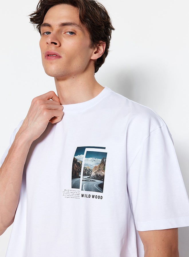 trendyol White Men's Relaxed Fit Crew Neck Short Sleeve Landscape Printed T-Shirt - Image 2