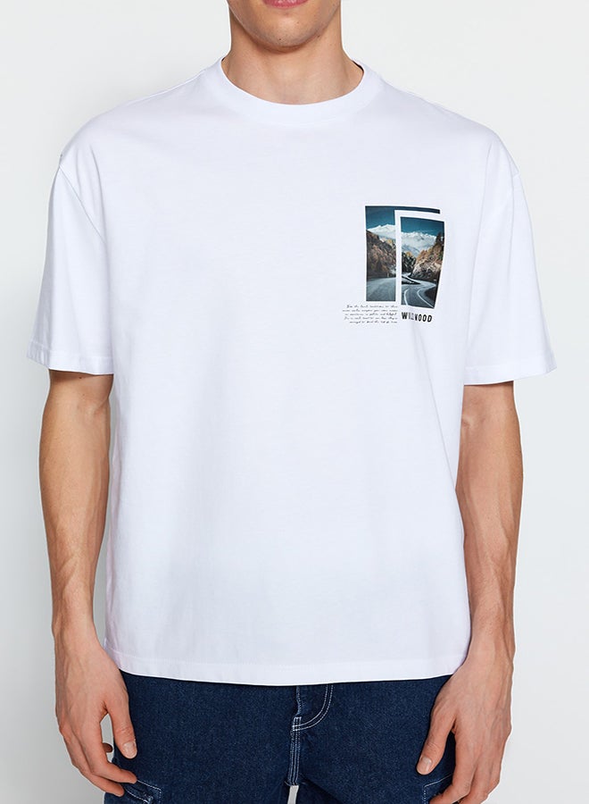 trendyol White Men's Relaxed Fit Crew Neck Short Sleeve Landscape Printed T-Shirt - Image 4