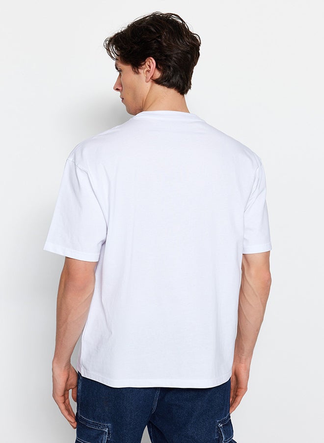 trendyol White Men's Relaxed Fit Crew Neck Short Sleeve Landscape Printed T-Shirt - Image 5