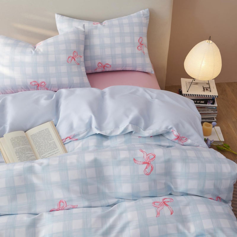 Bildenly Blue Plaid Twin Comforter Set - Pink Bow Quilt Bedding Set 2 Pieces, Gingham Comforter Set Twin Size, Soft & Lightweight Comforter(68â€˜â€™ x 90â€˜â€™) for Girl All Season & 1 Pillowcase(30â€˜â€™x20â€˜â€™) - Image 4