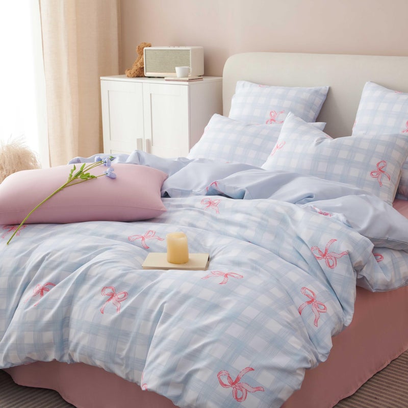 Bildenly Blue Plaid Twin Comforter Set - Pink Bow Quilt Bedding Set 2 Pieces, Gingham Comforter Set Twin Size, Soft & Lightweight Comforter(68â€˜â€™ x 90â€˜â€™) for Girl All Season & 1 Pillowcase(30â€˜â€™x20â€˜â€™) - Image 3