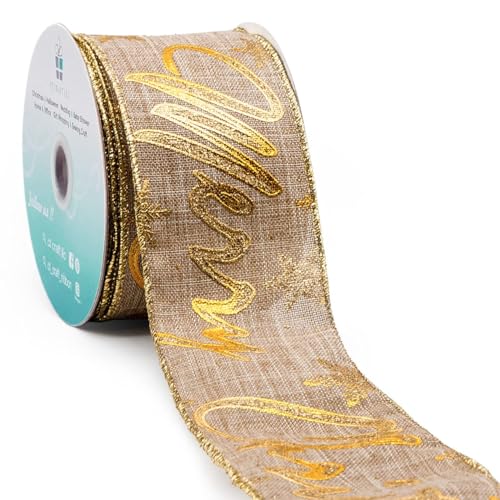 CT CRAFT LLC Natural Tan Burlap Gold Merry Christmas Wired Ribbon 2.5 Inch x 10 Yards for Christmas Home Decor Tree Topper Bow Gift Wrapping DIY Crafts Wreath Garland - Image 1