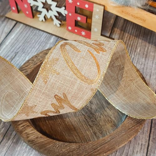 CT CRAFT LLC Natural Tan Burlap Gold Merry Christmas Wired Ribbon 2.5 Inch x 10 Yards for Christmas Home Decor Tree Topper Bow Gift Wrapping DIY Crafts Wreath Garland - Image 5