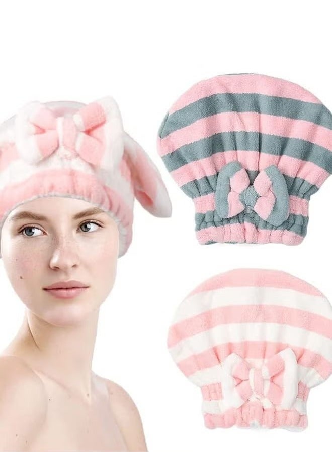 Microfiber Hair Dry Cap Absorbent Quick Drying Cap Soft Hair Drying Towel Stripe Dry Hair Cap Hair Towel Cap with Bow-Knot Shower Cap for Women and Girls 2Pcs, Suitable for Any Occasions - Image 1