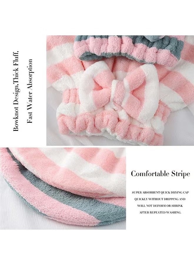Microfiber Hair Dry Cap Absorbent Quick Drying Cap Soft Hair Drying Towel Stripe Dry Hair Cap Hair Towel Cap with Bow-Knot Shower Cap for Women and Girls 2Pcs, Suitable for Any Occasions - Image 3