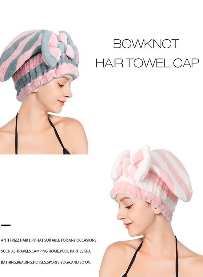 Microfiber Hair Dry Cap Absorbent Quick Drying Cap Soft Hair Drying Towel Stripe Dry Hair Cap Hair Towel Cap with Bow-Knot Shower Cap for Women and Girls 2Pcs, Suitable for Any Occasions - Image 5