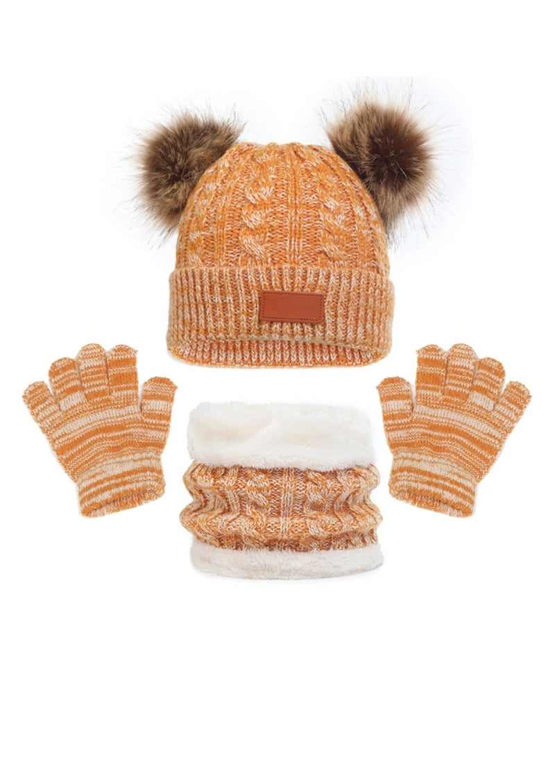 SYOSI Kids Winter Hat Gloves Scarf Set for 2-6 Years Old Warm Knit Pompom Beanie Cap Neck Warmer Gloves Winter Warm Knitted Beanie Hat Scarf Gloves Set High Quality Pure Plush Yellow - Image 1