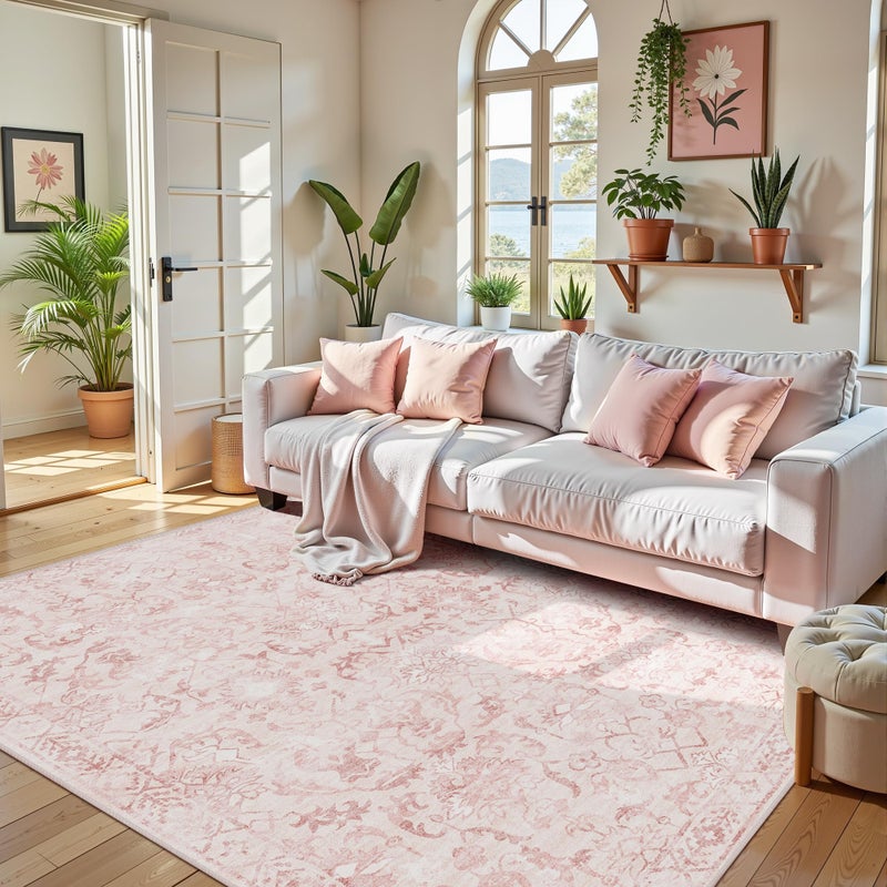 Deerly Pink Area Rugs 5x7 Rugs for Living Room, Machine Washable Rugs for Bedroom, Distressed Vintage Living Room Rug, Rug Non Slip Carpet Cream Green Area Rug for Dining Room Office - Image 1