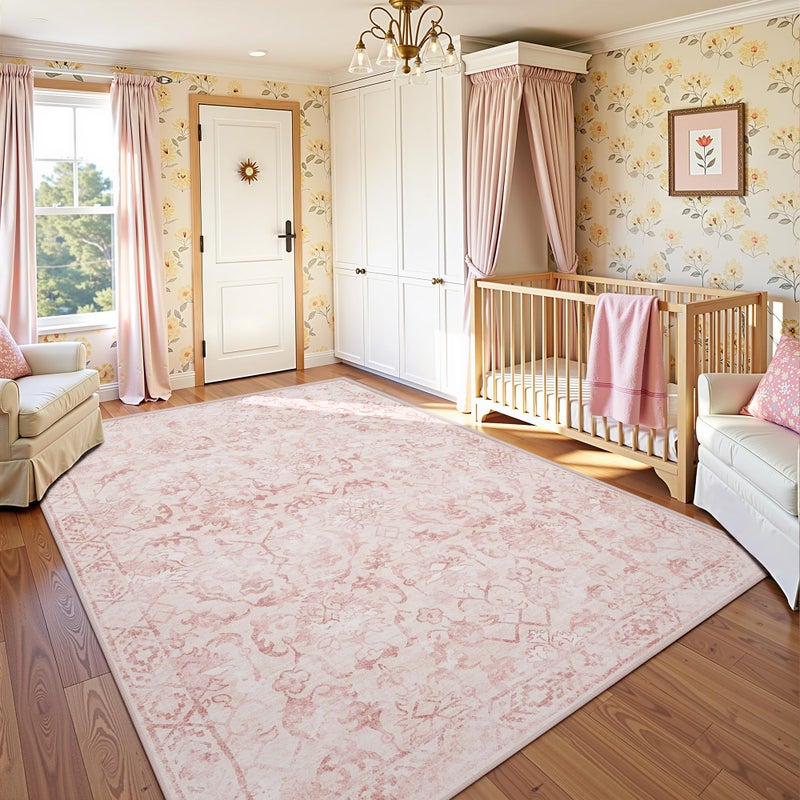 Deerly Pink Area Rugs 5x7 Rugs for Living Room, Machine Washable Rugs for Bedroom, Distressed Vintage Living Room Rug, Rug Non Slip Carpet Cream Green Area Rug for Dining Room Office - Image 4
