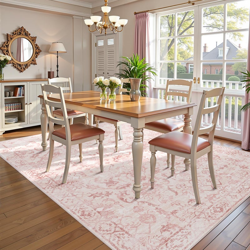 Deerly Pink Area Rugs 5x7 Rugs for Living Room, Machine Washable Rugs for Bedroom, Distressed Vintage Living Room Rug, Rug Non Slip Carpet Cream Green Area Rug for Dining Room Office - Image 3