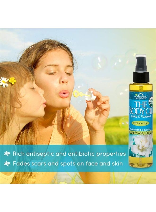 US Organic Body Oil - Rich Floral Ylang Ylang - Jojoba and Flaxseed Oil with Vitamin E, USDA Organic, No Alcohol, Paraben, Artificial Detergents, Color or Synthetic perfumes, 5 Fl.oz. (YlangYlang) - Image 4