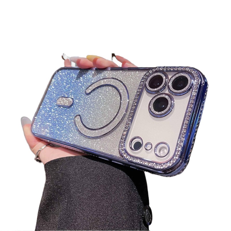 MagSafe iPhone 16 Pro Silicone Case Protective for iPhone 16 16 Plus 16 Pro 16 Pro Max with Gradient Glitter and Lens Protector in Blue - Image 1