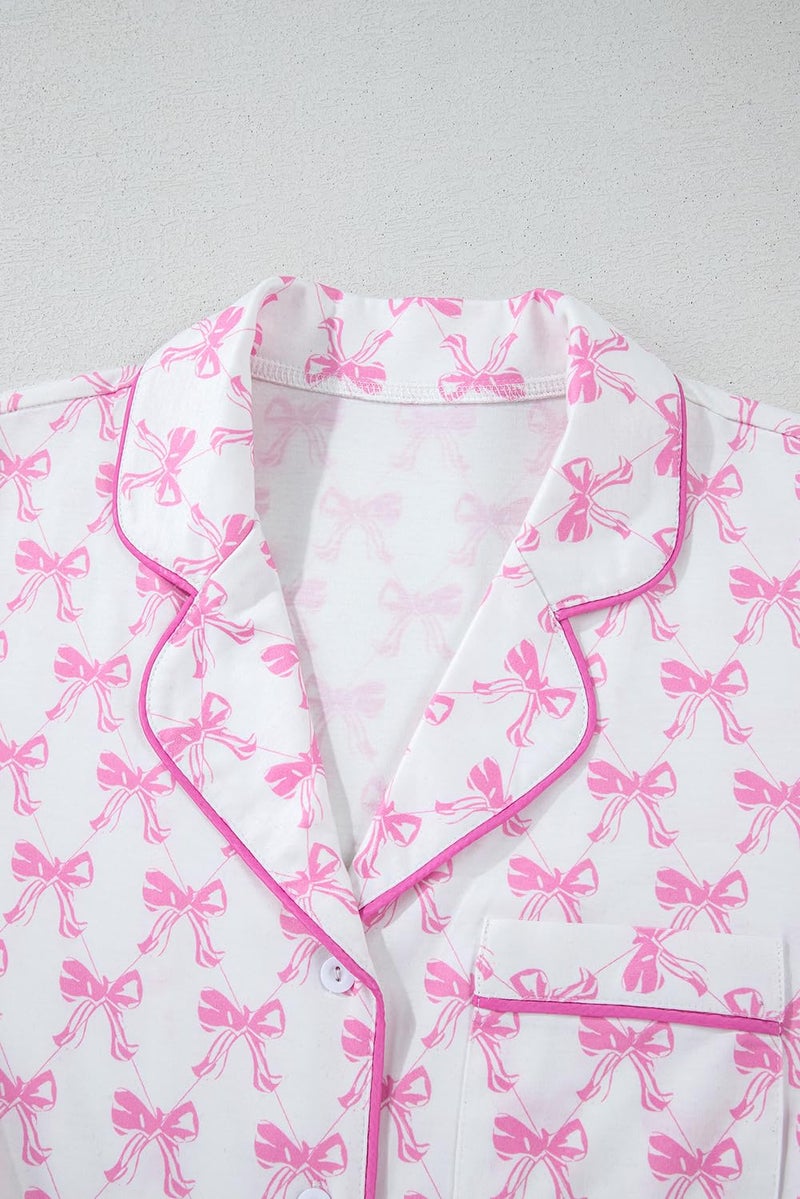KevaMolly Womens Valentines Pajama Set White Bowknot Printed Short Sleeve and Ruffled Shorts Valentines Lounge Set S - Image 3