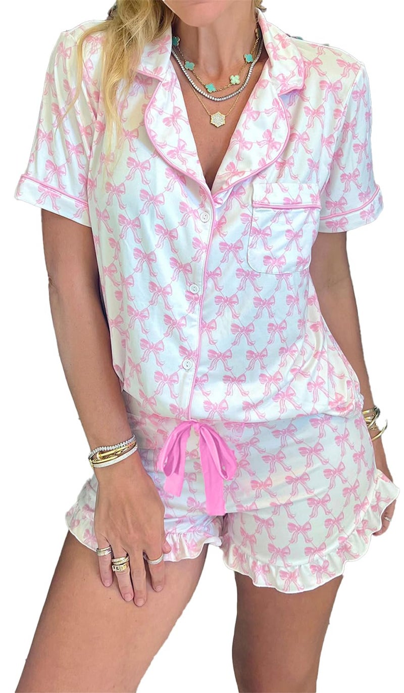 KevaMolly Womens Valentines Pajama Set White Bowknot Printed Short Sleeve and Ruffled Shorts Valentines Lounge Set S - Image 1