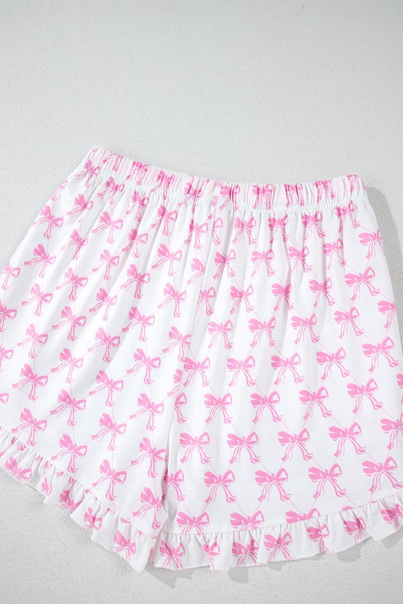KevaMolly Womens Valentines Pajama Set White Bowknot Printed Short Sleeve and Ruffled Shorts Valentines Lounge Set S - Image 5
