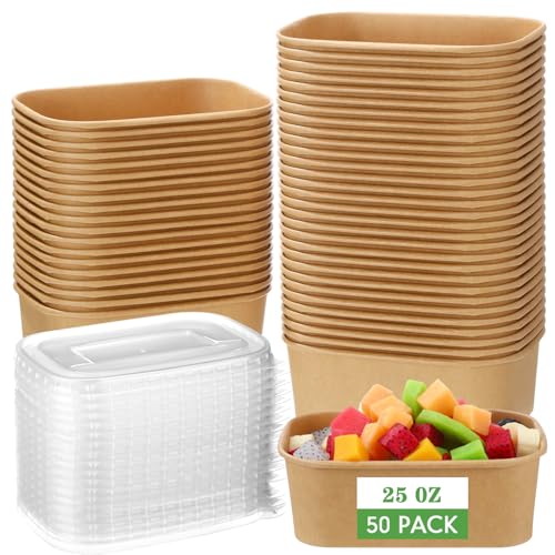 Maxdot 50 Pack 25 oz Disposable Food Containers with Lids Paper Food Containers Bowls for Meal Prep, Salad, Ice Cream, Yogurt, Soup Bowls Party Leftover Box - Image 1