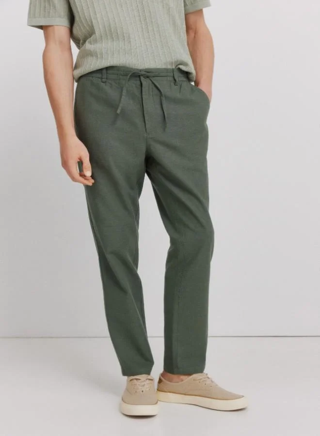 Springfield  Linen/cotton drawstring elasticated waistband welt back pockets front coin pocket Comfort Slim fit trousers for Men | Best Price UAE