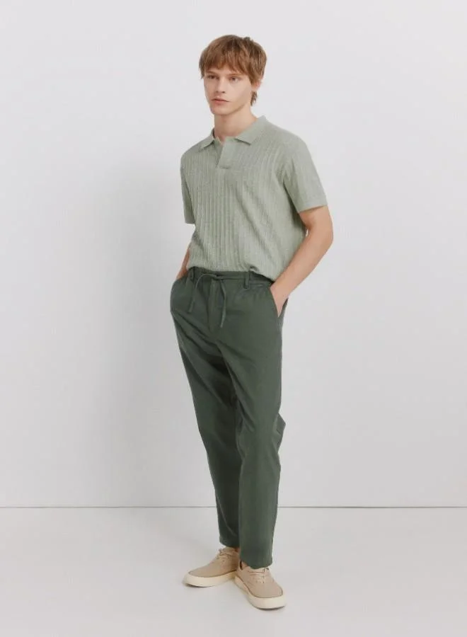 Linen/cotton drawstring elasticated waistband welt back pockets front coin pocket Comfort Slim fit trousers