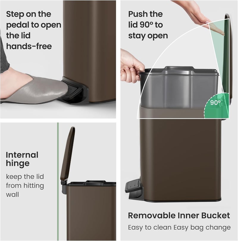 Cesun Small Bathroom Trash Can with Lid Soft Close, Step Pedal, 6 Liter / 1.6 Gallon Stainless Steel Garbage Can with Removable Inner Bucket, Anti-Fingerprint Finish (Brown) - Image 5