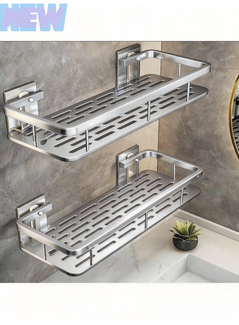 【الفضة】2 حزمة دش الكادي رف، سلة الحمام المقاومة للصدأ للدش، غير الحفر اللاصق دش الكادي، الجدار المثبتة على الرف الزاوية، الشامبو حامل تخزين رف المنظم للحمام / المرحاض / المطبخ - Image 1