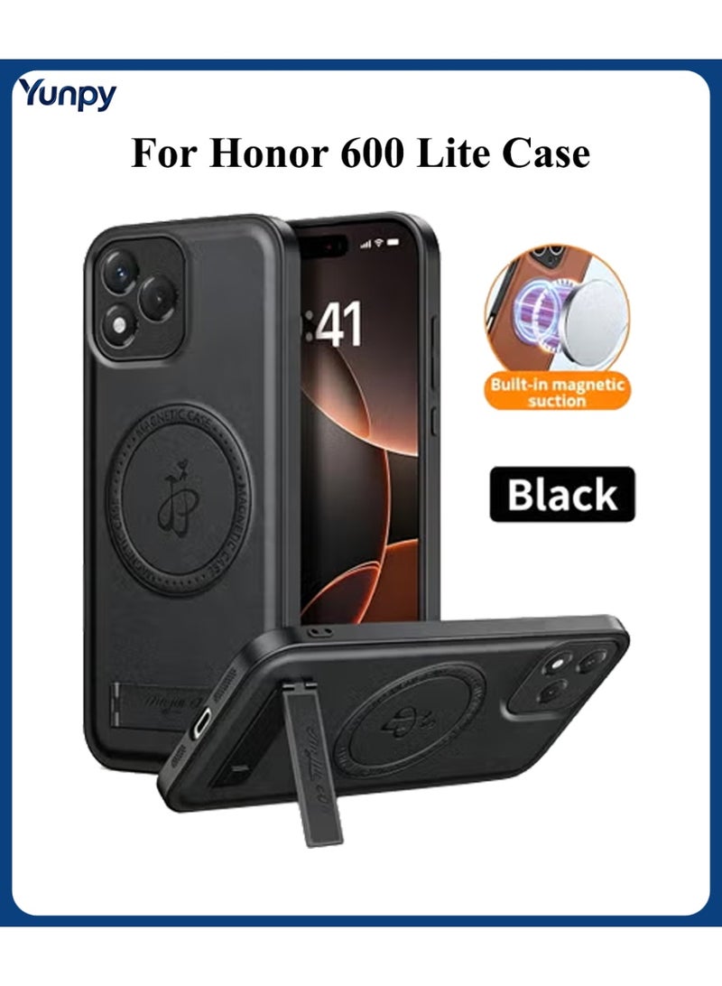 Honor 600 Lite Magnetic Suction Case, PU Leather Shockproof Phone Cover with Foldable Kickstand Black