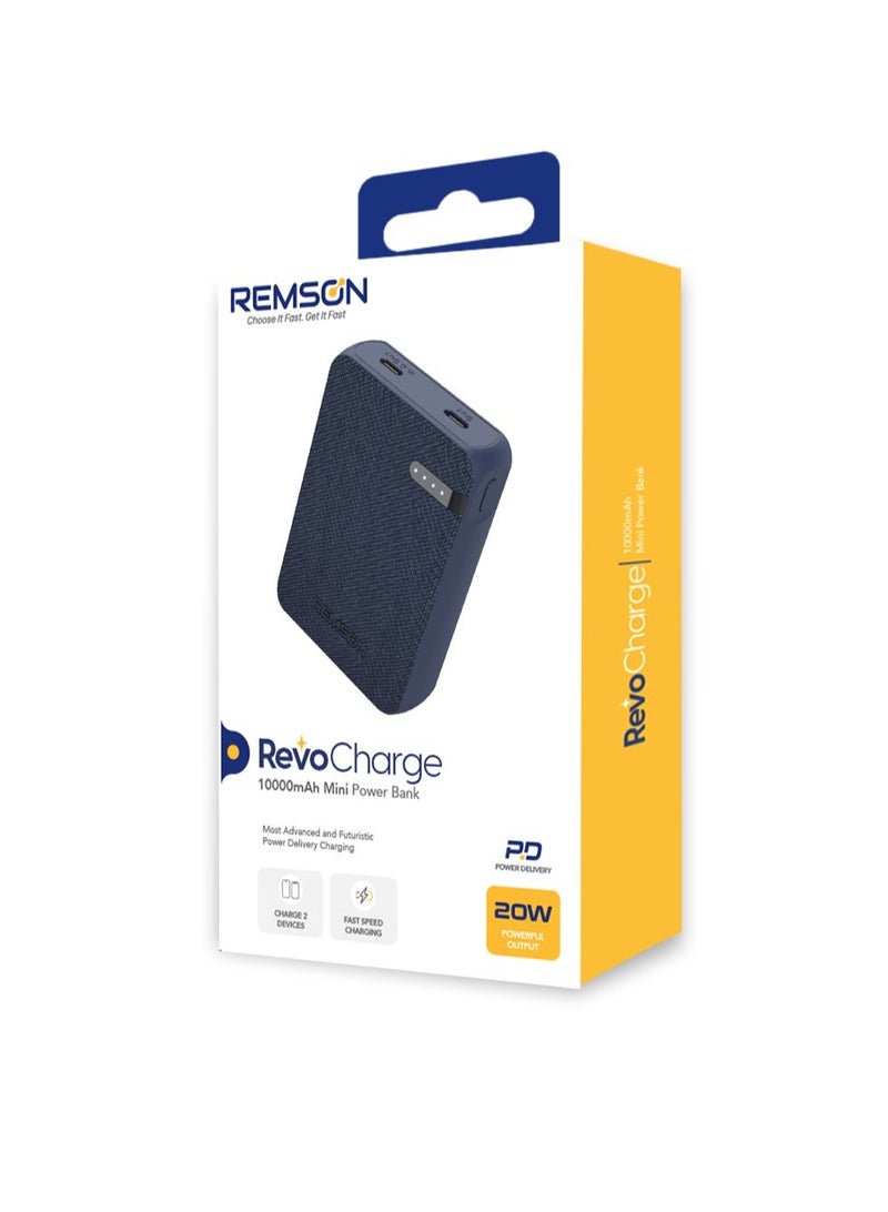 Remson Remson Revo Charge 10000mAh Mini Power Bank 20W Power Delivery Dual USB-C Output with Leather Exterior Design Compatible for iPhone Tablet Samsung - Blue  - Image 4