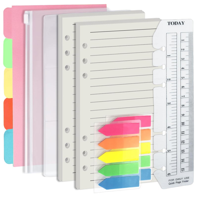 Harphia A6 6 Holes Binder Refill Value Set, 90 Sheets Ruled Line Planner Insert, 5 Sheets Binder Paper Dividers, Translucent Planner Pocket, PVC Binder Card Bag, 200Pcs Colorful Index Stickers - Image 1