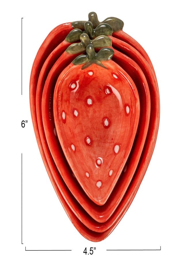 Creative Co-op أكواب قياس من الحجر الخزفي مزينة يدويًا بتصميم الفراولة من كرياتيف كوبر، حمراء وبيضاء، مجموعة من 4 - Image 2