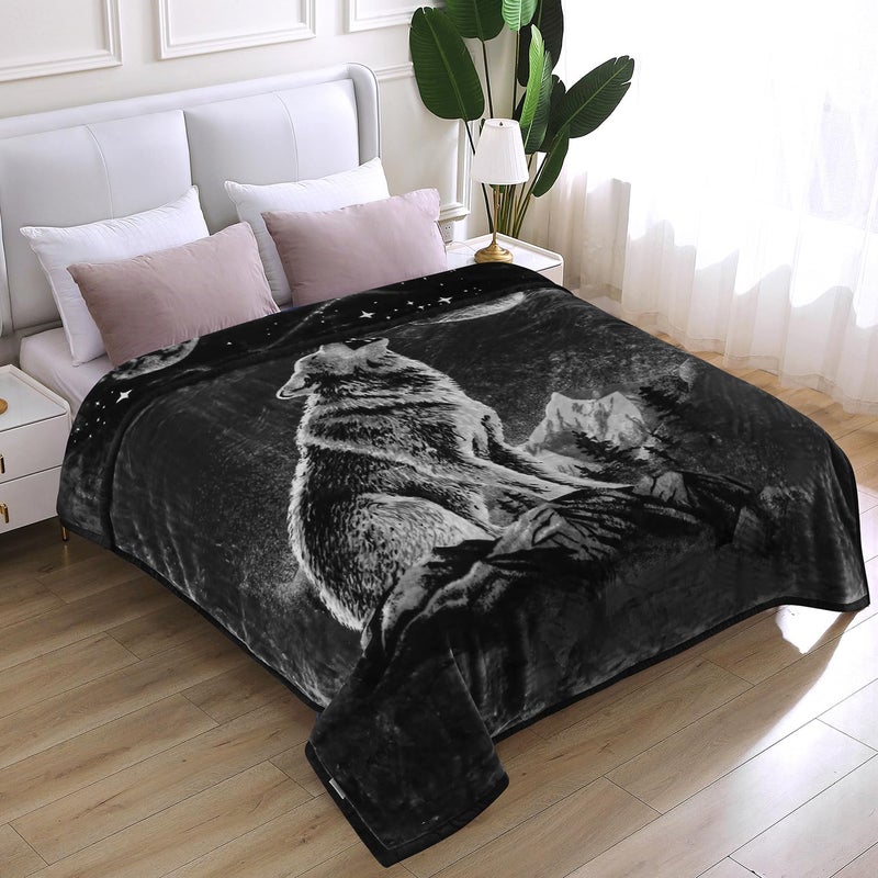 JYK Wolf Blanket Soft Blanket Korean Mink Blanket  5.7 LB Fleece Blanket King 83"" X 91-2 Ply Reversible 520GSM Super Soft Plush  Thick  Warm Bed Blanket for Autumn Winter  Moon Wolf/Wolf - Image 4