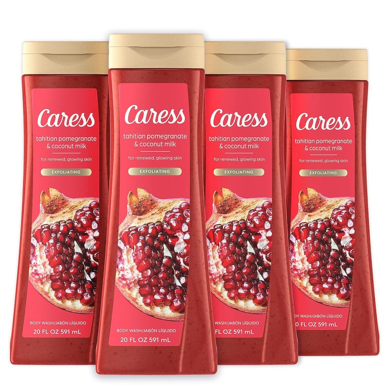 Caress Body Wash for Women Tahitian Pomegranate  Coconut Milk Exfoliating Shower Gel for Renewed Glowing Skin 20 fl oz 4 Pack