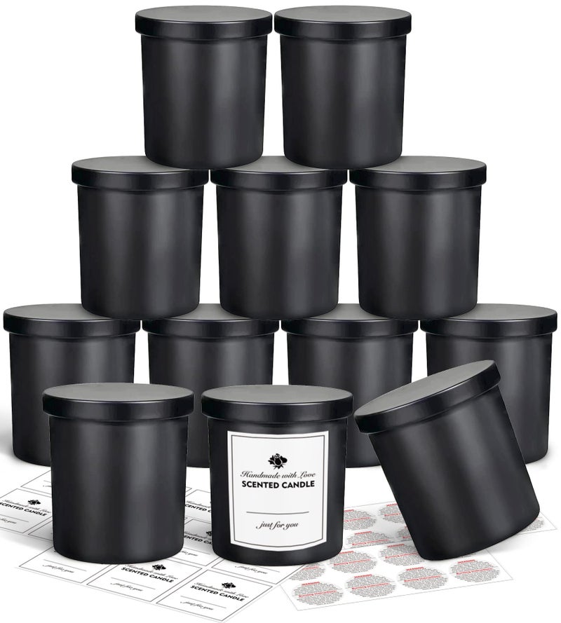 SUPMIND 12 Pack 10oz Glass Candle Jars with Lids and Sticky Labels, Empty Candle Jars for Making Candles Bulk Containers(Matte Black) - Image 1