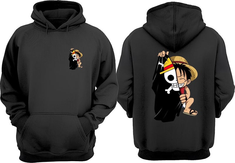 The Wert Unisex Anime Luffy Pirate Flag Design Front Back Printed Regular Fit Black Sweatshirt - Image 1