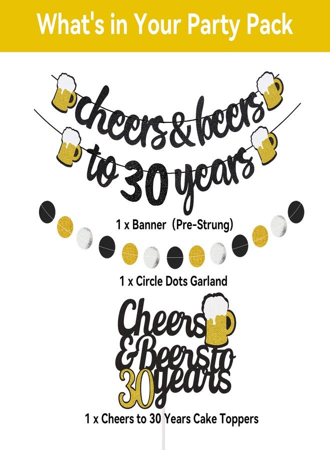 Joymee Happy 30th Birthday Banner - Cheers to 30 Years Banner 30 Years Old Cake Topper, Glittery Circle Dots Garland 30th Birthday Decorations Party Supplies (Black Gold) - Image 2