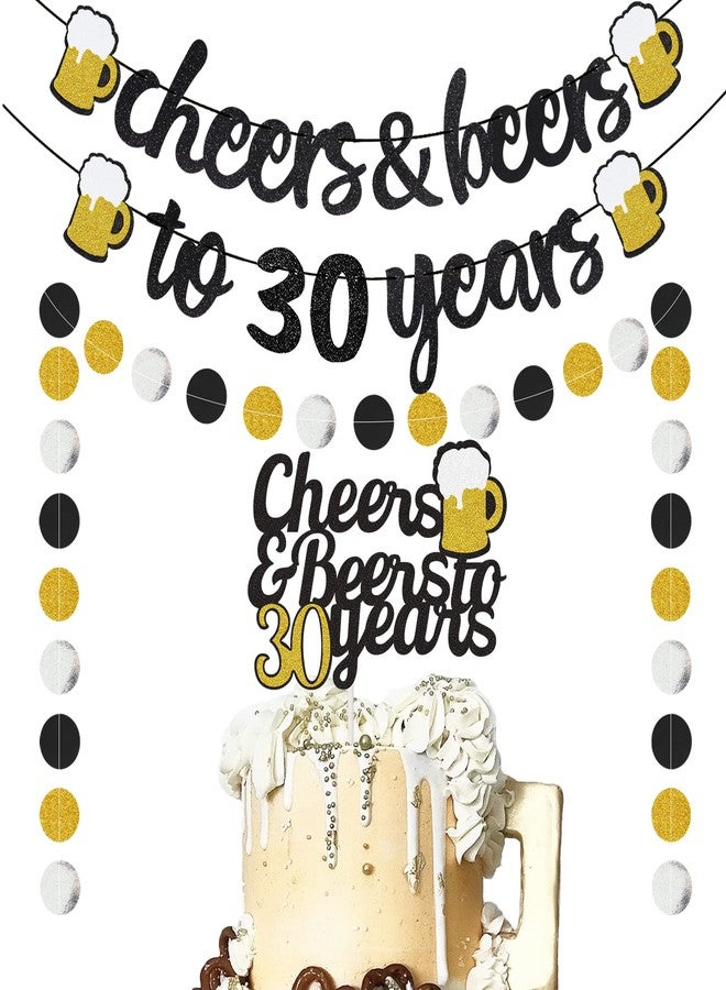 Joymee Happy 30th Birthday Banner - Cheers to 30 Years Banner 30 Years Old Cake Topper, Glittery Circle Dots Garland 30th Birthday Decorations Party Supplies (Black Gold) - Image 1