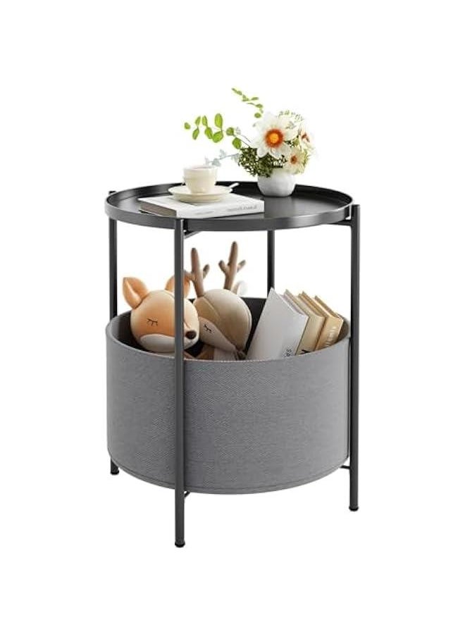 HOOKOR Metal End Tables with Fabric Storage Basket, SideTables Bedroom, Small Bedside Table Nightstand with Removable Tray for Living Room, Nursery, Laundry (Black)  - Image 1