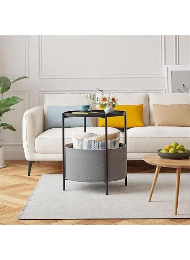 HOOKOR Metal End Tables with Fabric Storage Basket, SideTables Bedroom, Small Bedside Table Nightstand with Removable Tray for Living Room, Nursery, Laundry (Black)  - Image 2