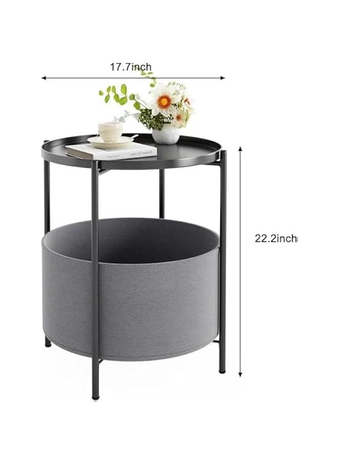 HOOKOR Metal End Tables with Fabric Storage Basket, SideTables Bedroom, Small Bedside Table Nightstand with Removable Tray for Living Room, Nursery, Laundry (Black)  - Image 3