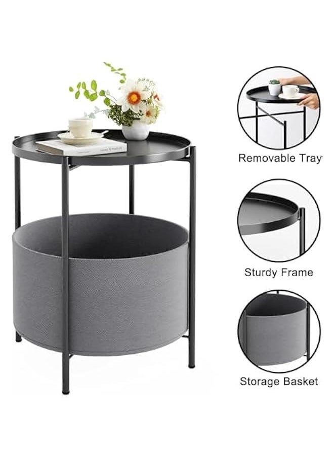 HOOKOR Metal End Tables with Fabric Storage Basket, SideTables Bedroom, Small Bedside Table Nightstand with Removable Tray for Living Room, Nursery, Laundry (Black)  - Image 4