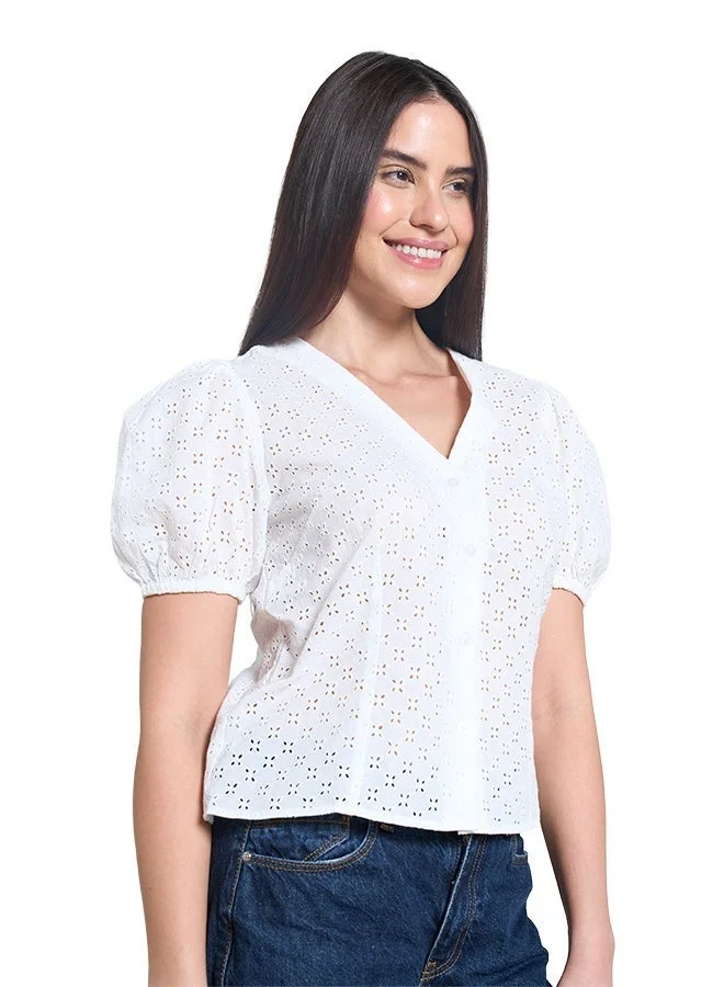 اشاراي Women's Short Sleeve Button Down Top With Puff Sleeves  Comfortable Material, Breathable Daily Wear, Casual Fashion Outfit, Special Occasion Outfit, Trendy & Chic Apparel