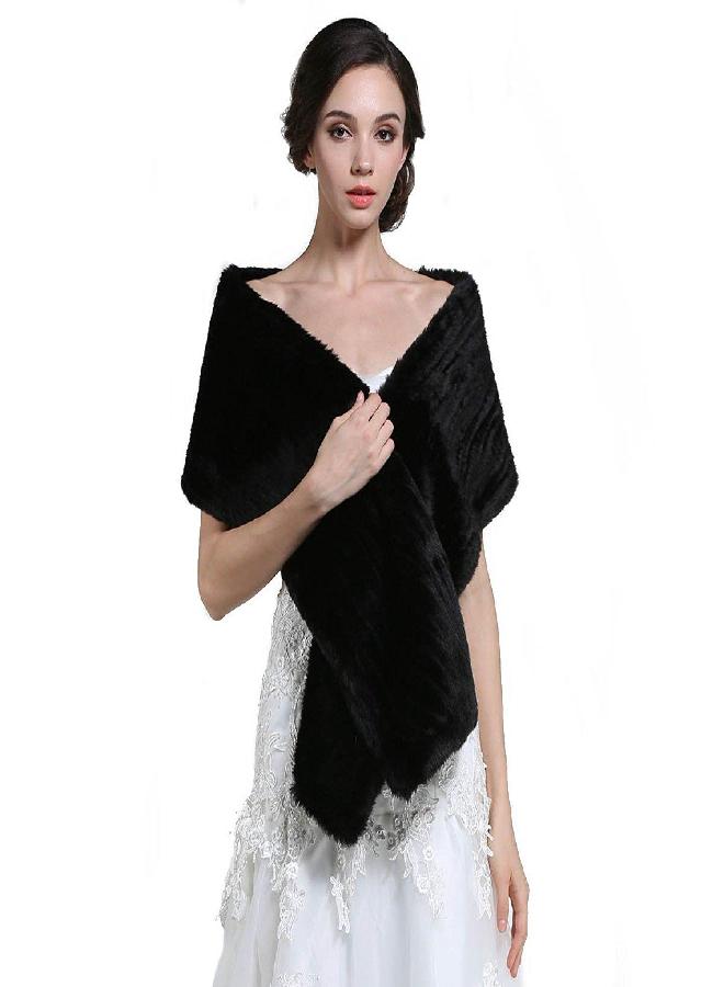 Aukmla Faux Fur Shawl Wedding Fur Wraps and Shawls Bridal Fur Stole Winter Cape Shrug for Brides and Bridesmaids (Black)