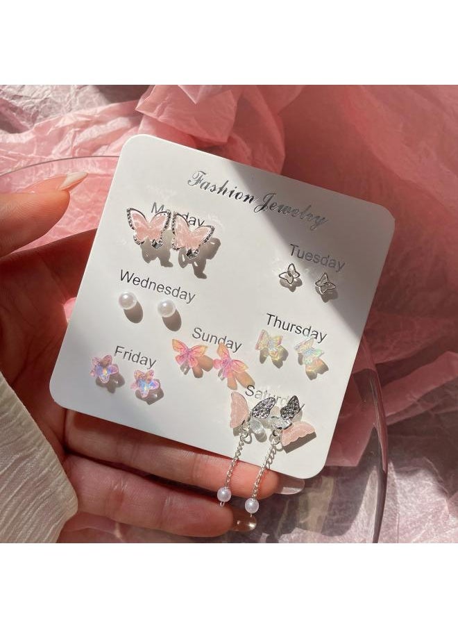 NIBEMINENT - Summer Cherry Blossom Zircon Earrings For One Week Women's Silver Needle Small And Exquisite Fresh Girl's Heart All-match Pink Butterfly - Image 1