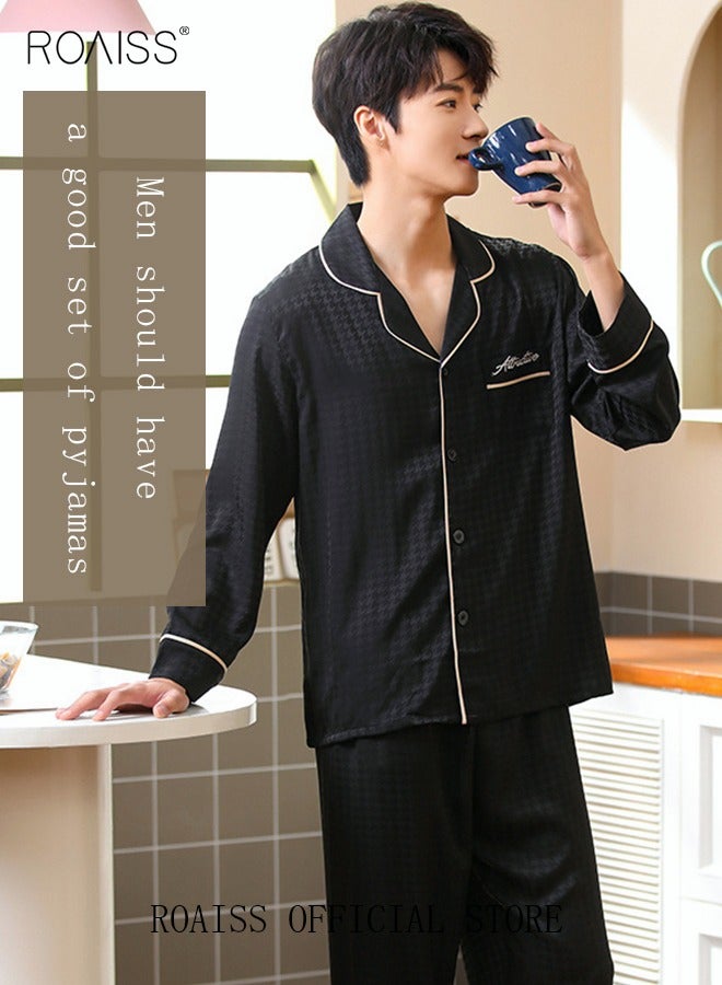 roaiss 2 Pcs Couple Pajamas Set Long Sleeves Houndstooth Sleepwear for Men and Women Cute Plus Size Loungewear Spring and Autumn Home Clothes Gift for Boyfriend Girlfriend Husband Wife  - Image 1