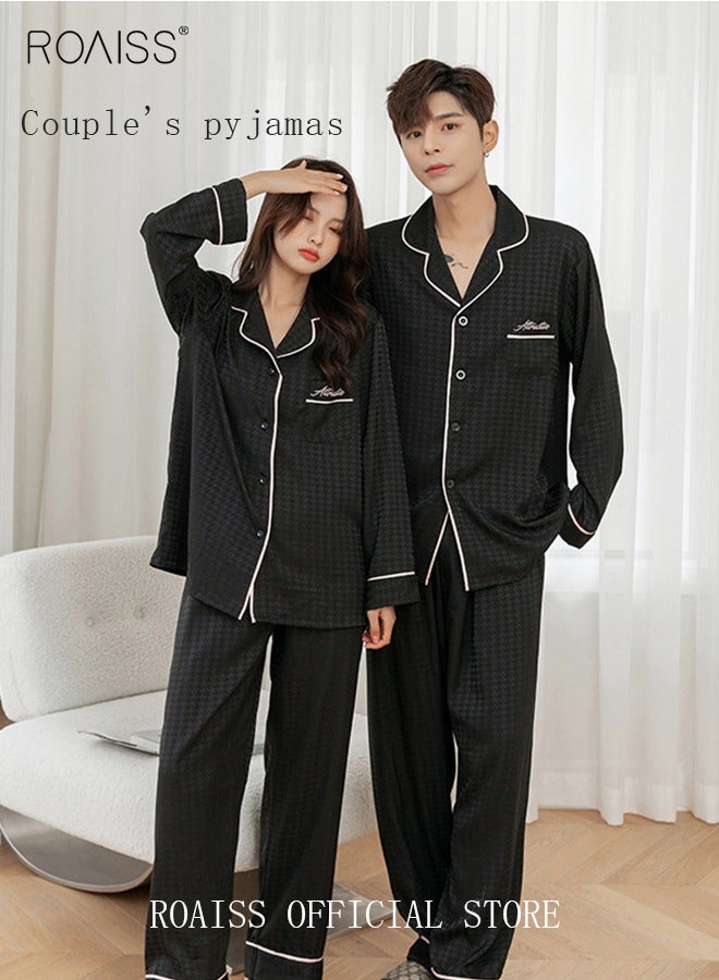roaiss 2 Pcs Couple Pajamas Set Long Sleeves Houndstooth Sleepwear for Men and Women Cute Plus Size Loungewear Spring and Autumn Home Clothes Gift for Boyfriend Girlfriend Husband Wife  - Image 3