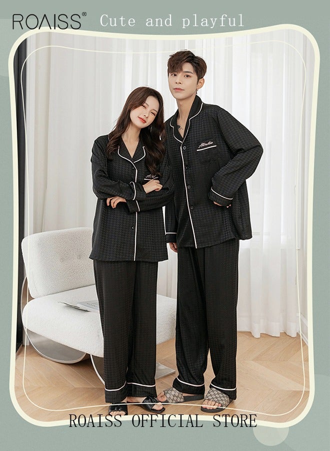 roaiss 2 Pcs Couple Pajamas Set Long Sleeves Houndstooth Sleepwear for Men and Women Cute Plus Size Loungewear Spring and Autumn Home Clothes Gift for Boyfriend Girlfriend Husband Wife  - Image 4