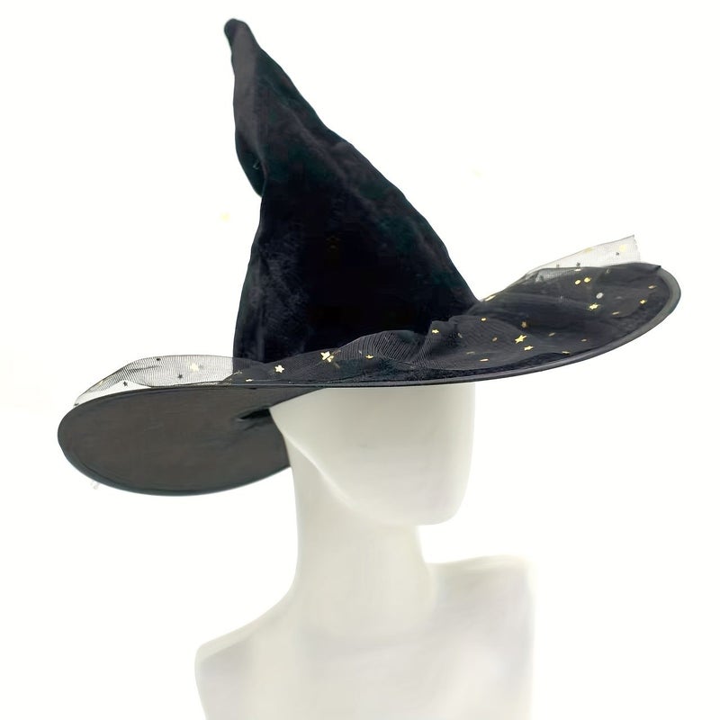 Black Elegant Witch Hat Wide Brim Pointed Design Sparkling Star Moon Pattern White Star Soft Costume Accessory Halloween Themed Parties Witch Costume Prop - Image 2