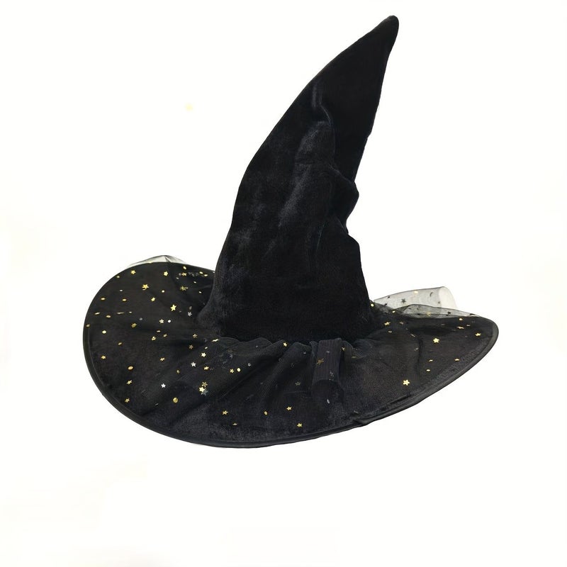 Black Elegant Witch Hat Wide Brim Pointed Design Sparkling Star Moon Pattern White Star Soft Costume Accessory Halloween Themed Parties Witch Costume Prop - Image 3